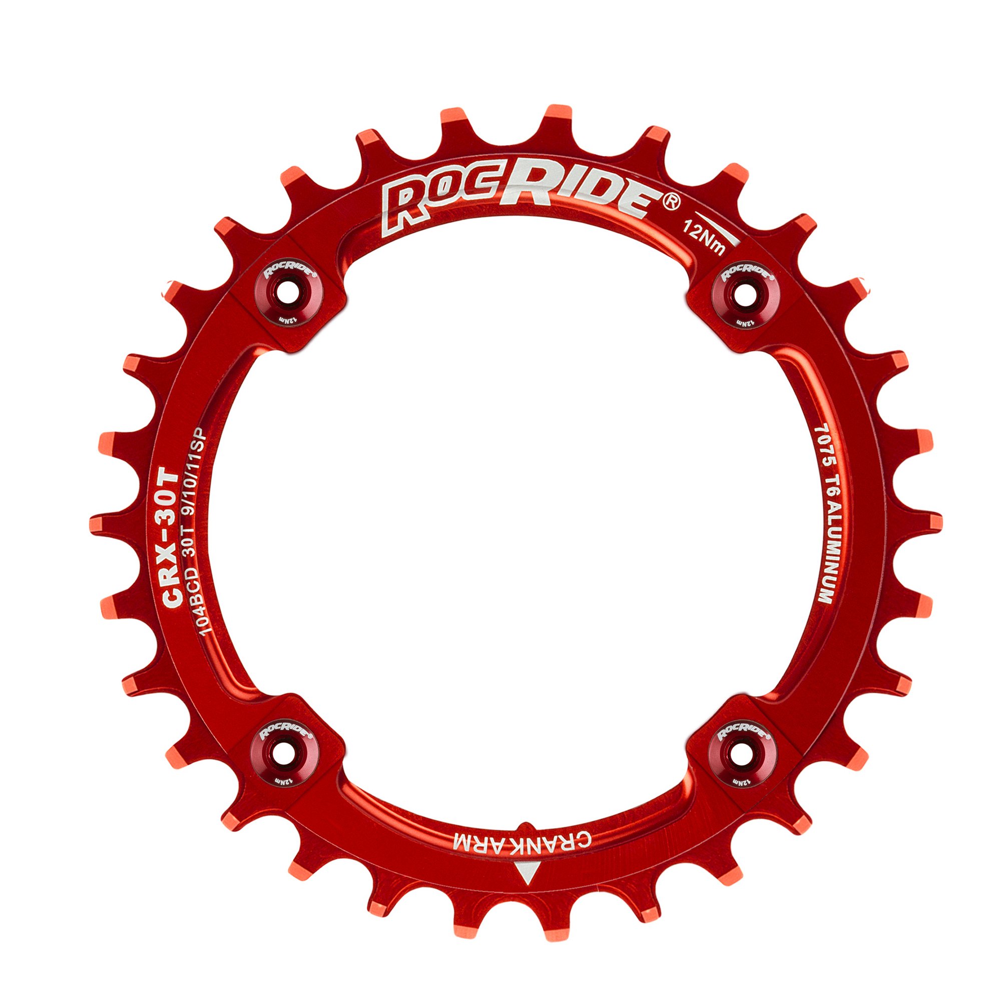 30T Narrow Wide Chainring 104 BCD Red Aluminum With 4 Red Aluminum Bolts By RocRide For 9/10/11 Speed. - image 3 of 5