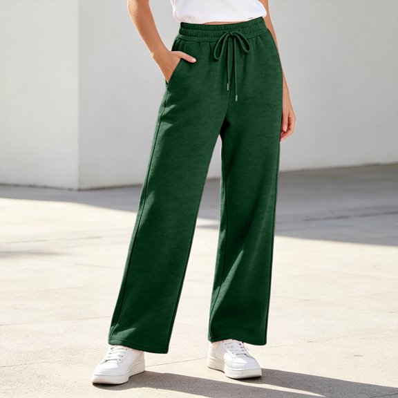 Nfurl Sweatpants for Women Straight Leg Pants with Pockets Elastic Waist Drawstring Solid Color Basic Sweat Pants Comfy Casual Sweatpant Green,L