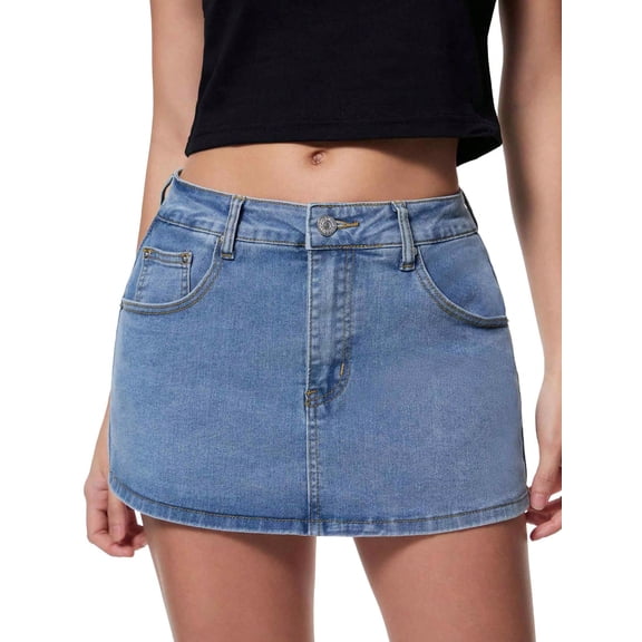 EMMIOL Women's Stretchy Mid-Waist Mini Denim Skort Skirt Y2K Vintage Casual Jean Skirt with Pockets Streetwear 90s Style
