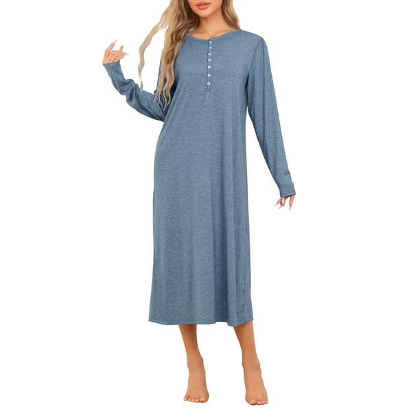 Noche de punto para mujer INSPIRE CHIC, con botones, cuello redondo, de manga larga, camisa de noche larga XL azul