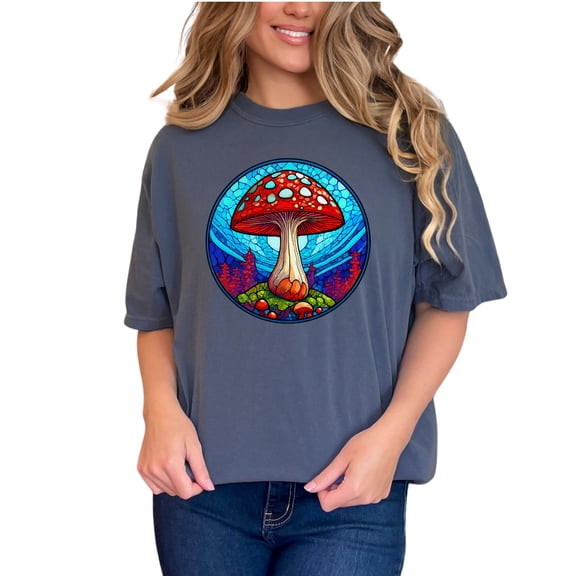 Psychedelic Mushroom T-shirt, Trippy Mushroom Art Tee, Vibrant Mushroom Print Shirt, Unique Nature Inspired Tee, Cool Graphic T-shirt, Denim Comfort Colors T-Shirt, Small