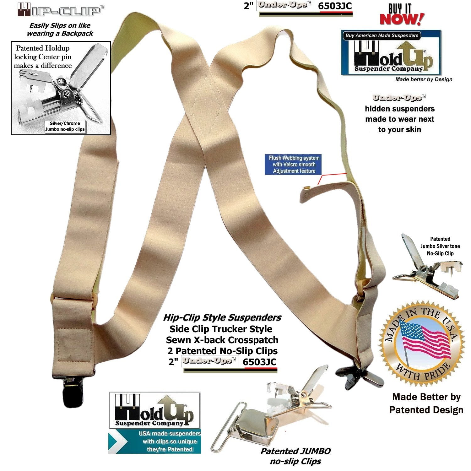 Hipclip style 2" Wide Holdup Undergarment hidden Suspenders with