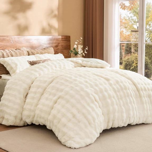 PHF Fluffy Rabbit Faux Fur Duvet Cover Set, Soft 3D Bubble Plush for a Warm and Cozy Feel, Button Closure with Corner Ties, Queen, Warm White