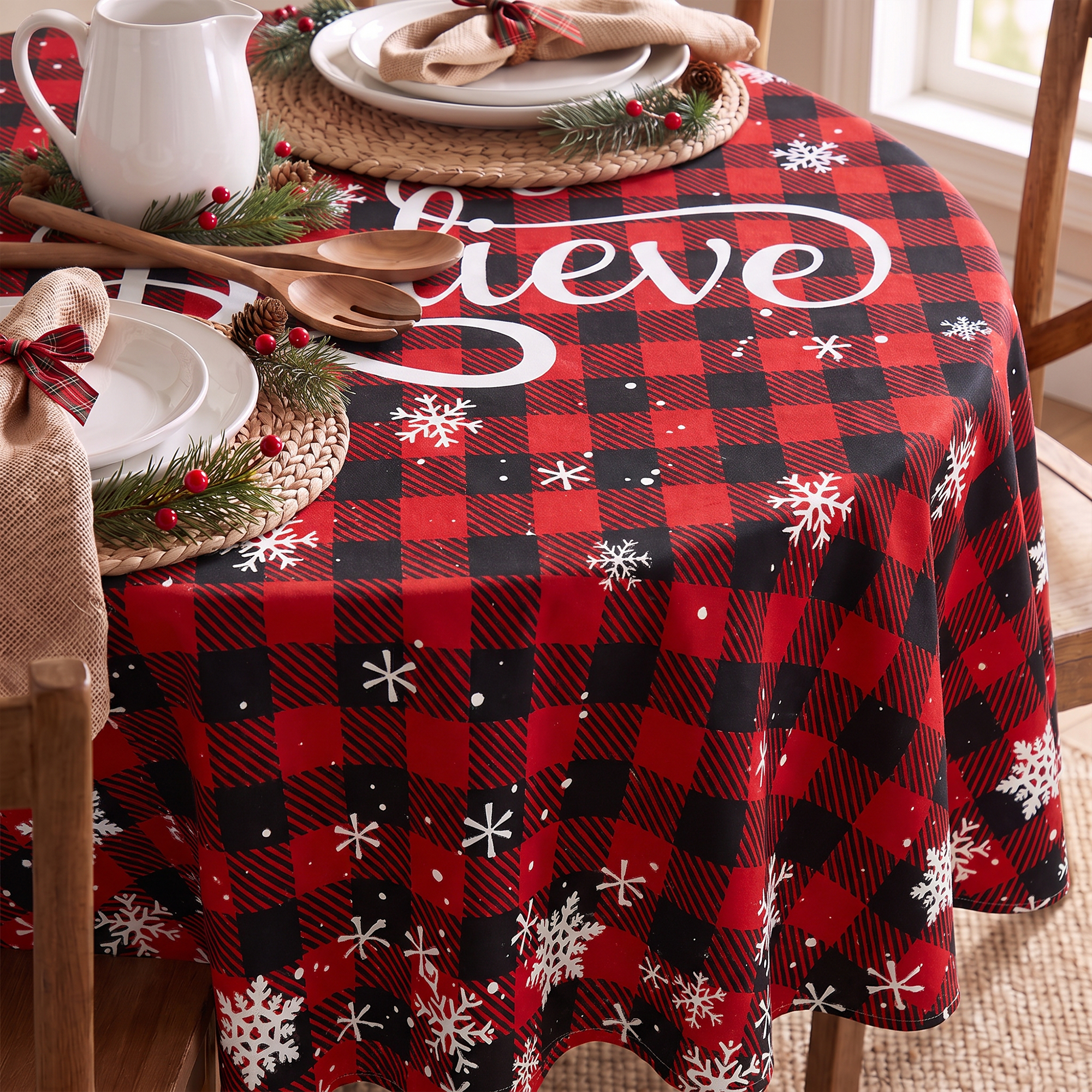 Sm:)e Believe Buffalo Check Plaid Christmas Tablecloth 70 Inch photo 4