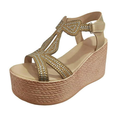 

DVKOVI Womens Slides Womens Wedge Sandals Platform Sandals Women Ladies Summer Casual Solid Colour Rhinestone Bow Cut-out Out Thick Bottom Large Size Slope Heel Sandals Khaki 38