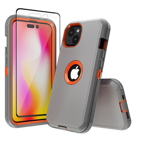 Xhy iPhone 14 Case with Screen Protector Military Grade Heavy Duty Protection 3 in 1 Shockproof Armor Rugged Durable Detachable for iPhone 14 6.1 inch 2022 Phone - Gray Orange
