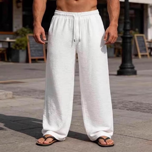 Ceisia Men's Big & Tall Linen Blend Wide Leg Pants Elastic Waist Drawstring Breathable Loose Fit Summer Beach Trousers White XXXL Gifts for Father