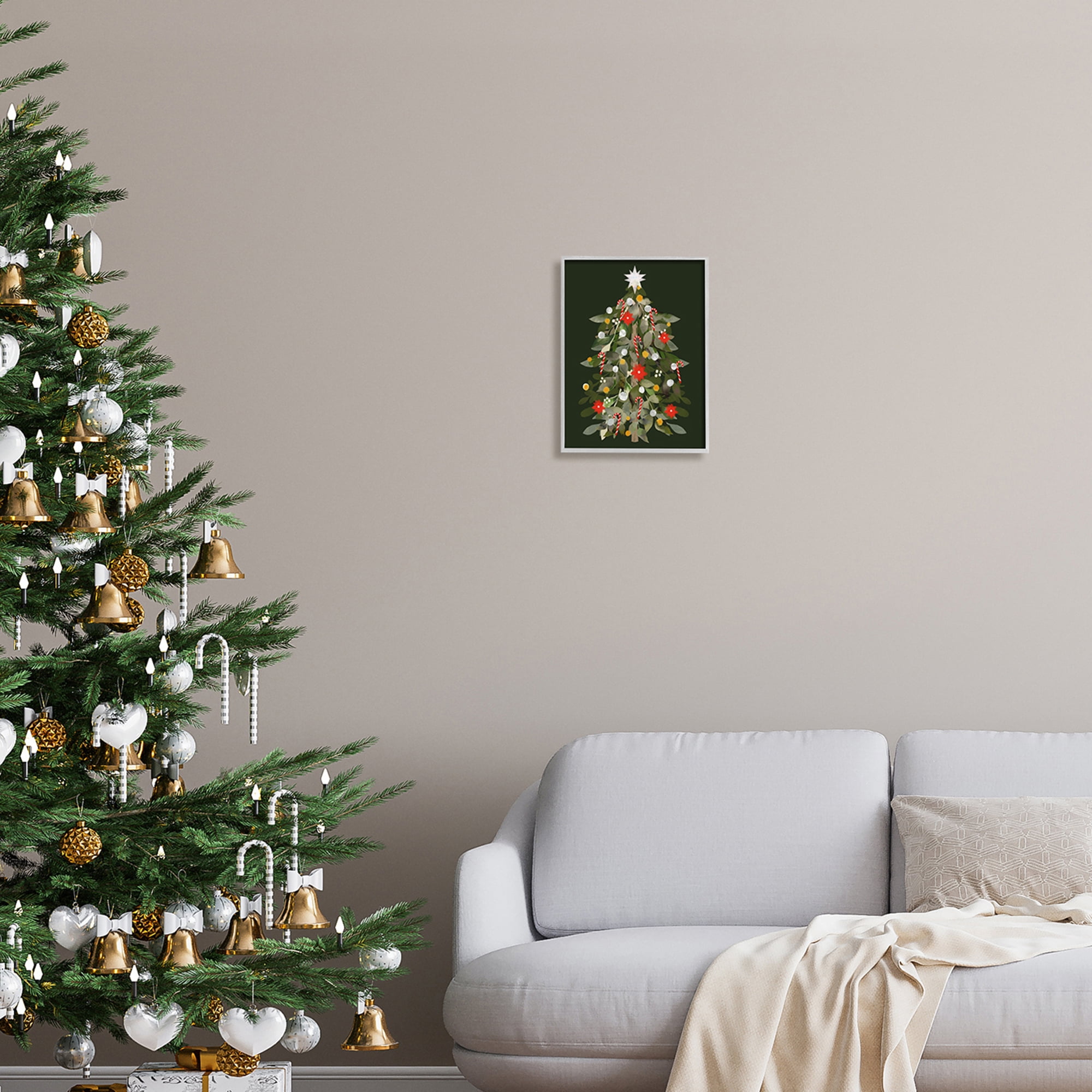 Jovial Christmas Tree Decorated Ornaments Poinsettia Flowers Botanical & Floral Painting Framed Art Print Wall Art