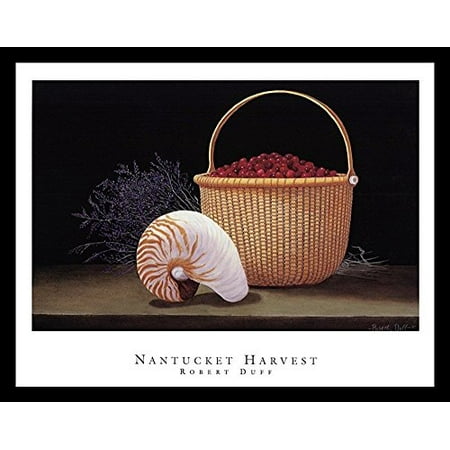Nantucket Harvest - buyartforless FRAMED Nantucket Harvest by Robert Duff 28x22 Art Print Poster Still Life Painting Conch Shell Cranberry Basket and Purple Fowers