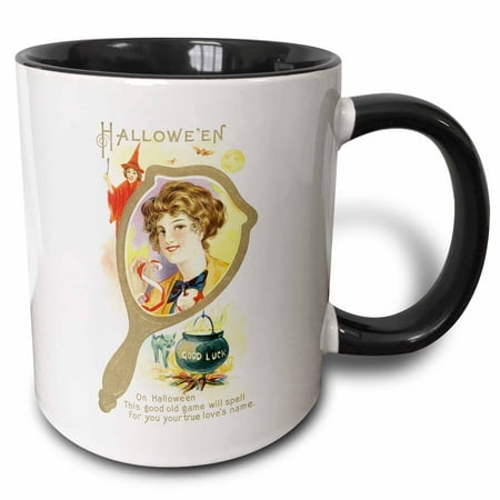 3dRose Vintage Halloween Game With a Witch and a Girl looking in a Mirror - Two Tone Black Mug,