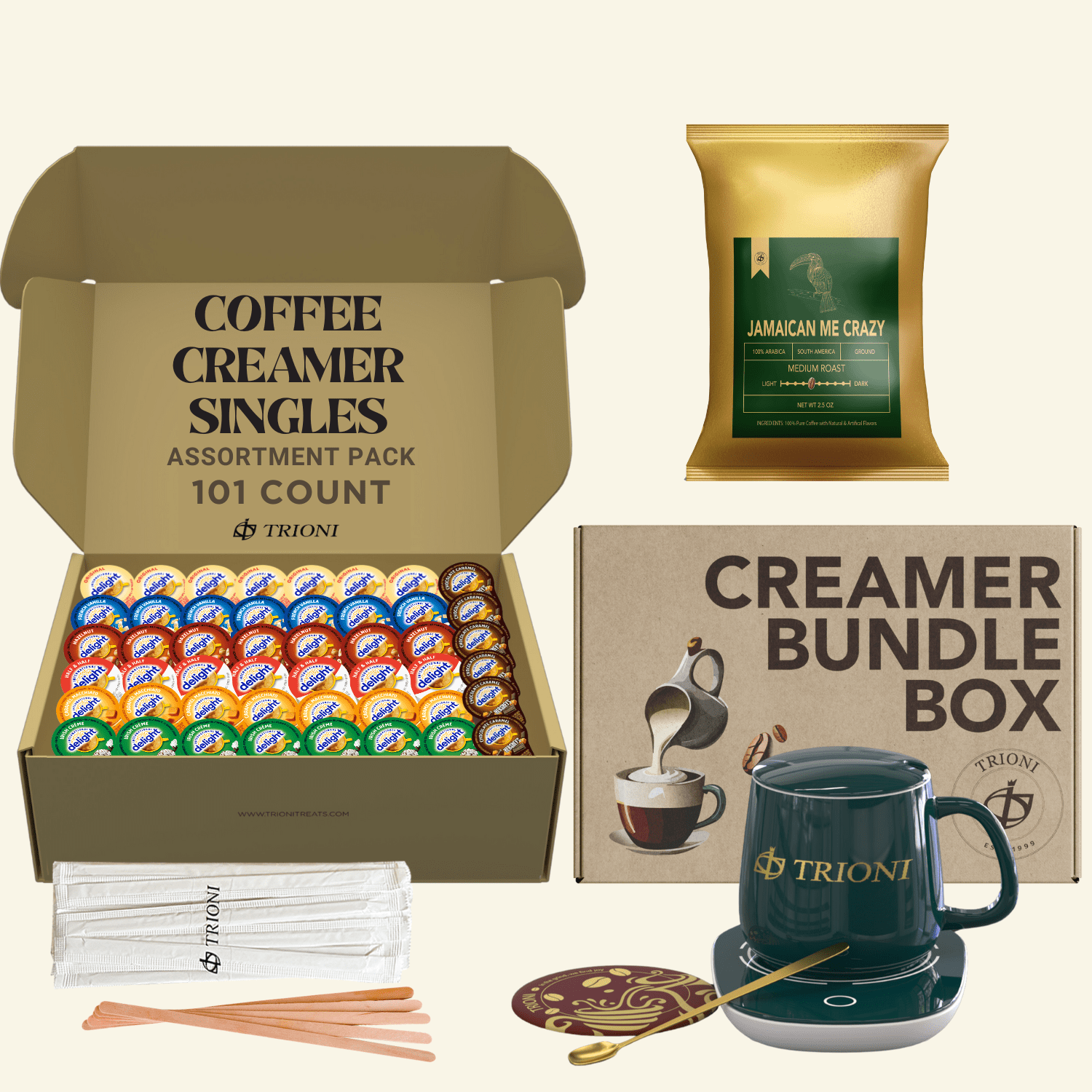 International Delight Coffee Creamer Singles with Jamaican Me Crazy Ground Coffee Packets - 101 ct - Hersheys, Irish and 5 More Flavored Creamer Pods with 1x 2.5 oz Coffee Bag