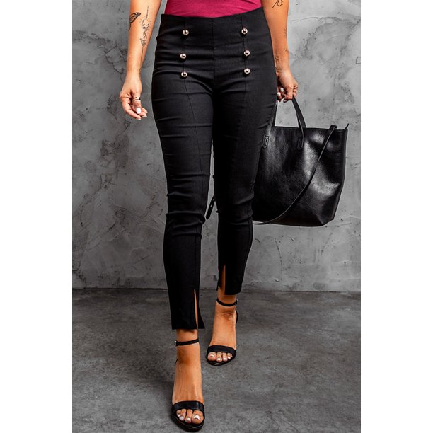 ABPHQTO Pantalón pitillo de mujer con botones negros y aberturas