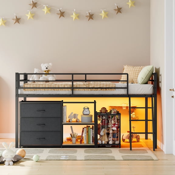 Zimtown Twin Size Low Loft Bed with Toy Storage and LED Light, Metal Bunk Bed Frame with Reversible Ladder, Black