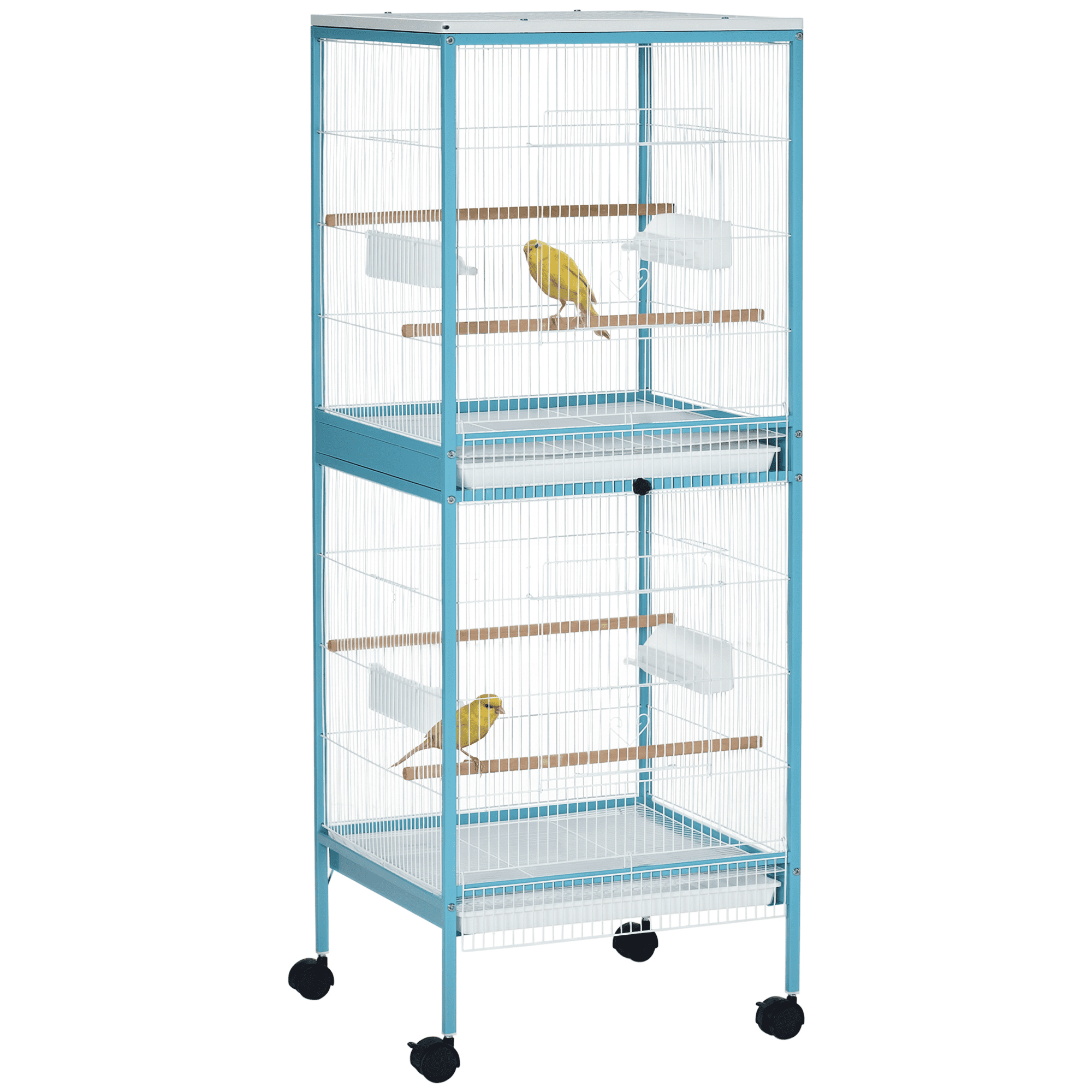 Bird Cage with Wheels, 2-Tier Steel and Wood Double Aviary with Removable Trays and Perches, 20.3 x 19.7 x 55.1 in, Light Blue