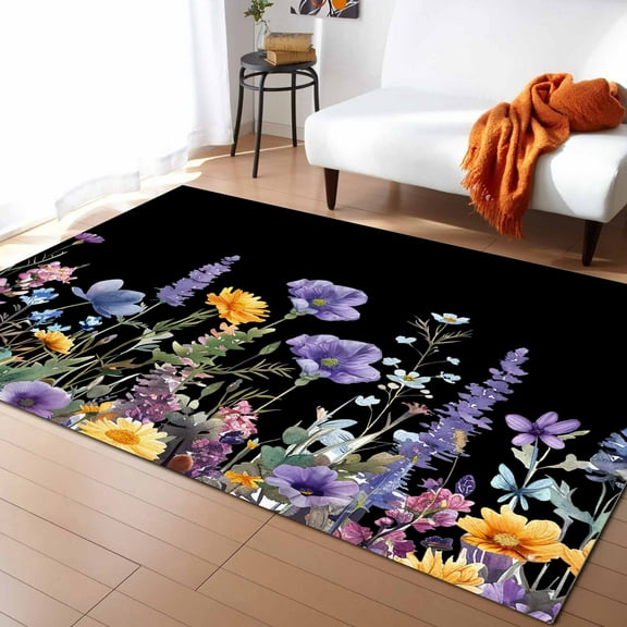 Area Rugs 5x7 Ft Purple Watercolor Wildflower Flower Black Background Design Non-Slip Washable Rug Indoor Rug Floor Mats Non Shedding Carpet for Living Room Bedroom Dining Room Home Decor