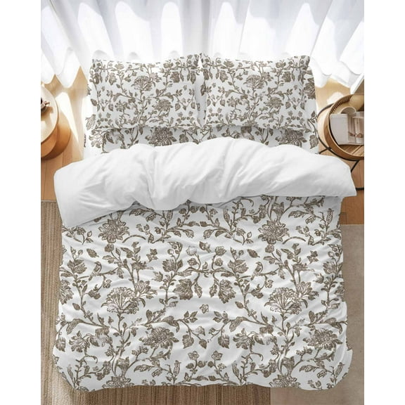 Vintage Brown Floral Bedding Duvet Cover Set Queen Size 4 Pieces Farmhouse Flower Pastoral Style Bedding Set with Zipper Closure, 1 Comforter Cover 90x92 Inches 1 Flat Sheet & 2 Pillow Cases