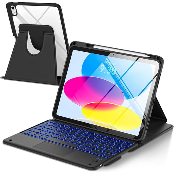 Touchpad for iPad A16 11th/10th Generation Case with Keyboard, 7 Color Backlit 360 Rotation Cover with Pencil Holder,Detachable Keyboard (Black)