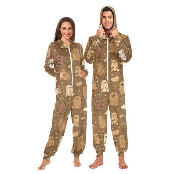 Adult Christmas Onesie Cute Bear and Rainbow Adult Zipper One-Piece Pajamas Unisex Pajamas with Pockets