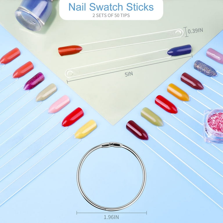 Menkey Natrual Clear Nail Swatch Sticks with Ring, 100 Pcs Mix Nail Art Practice Tips, Fan Shape Nail Art Polish Display Tips, False Nail Sample Sticks, Nail