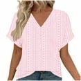 thumbnail image 2 of YHAJDS Womens T Shirts Short Sleeve V Neck Solid Color Jacquard Lace Trim Loose Blouses, 2 of 5