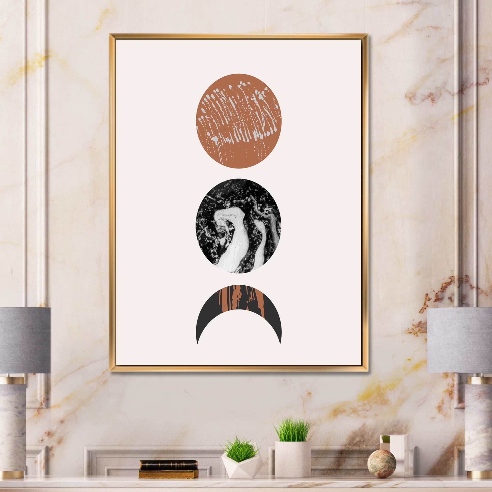 Designart 'Retro Shapes Abstract Moons and Suns' Modern Framed Canvas Wall Art Print