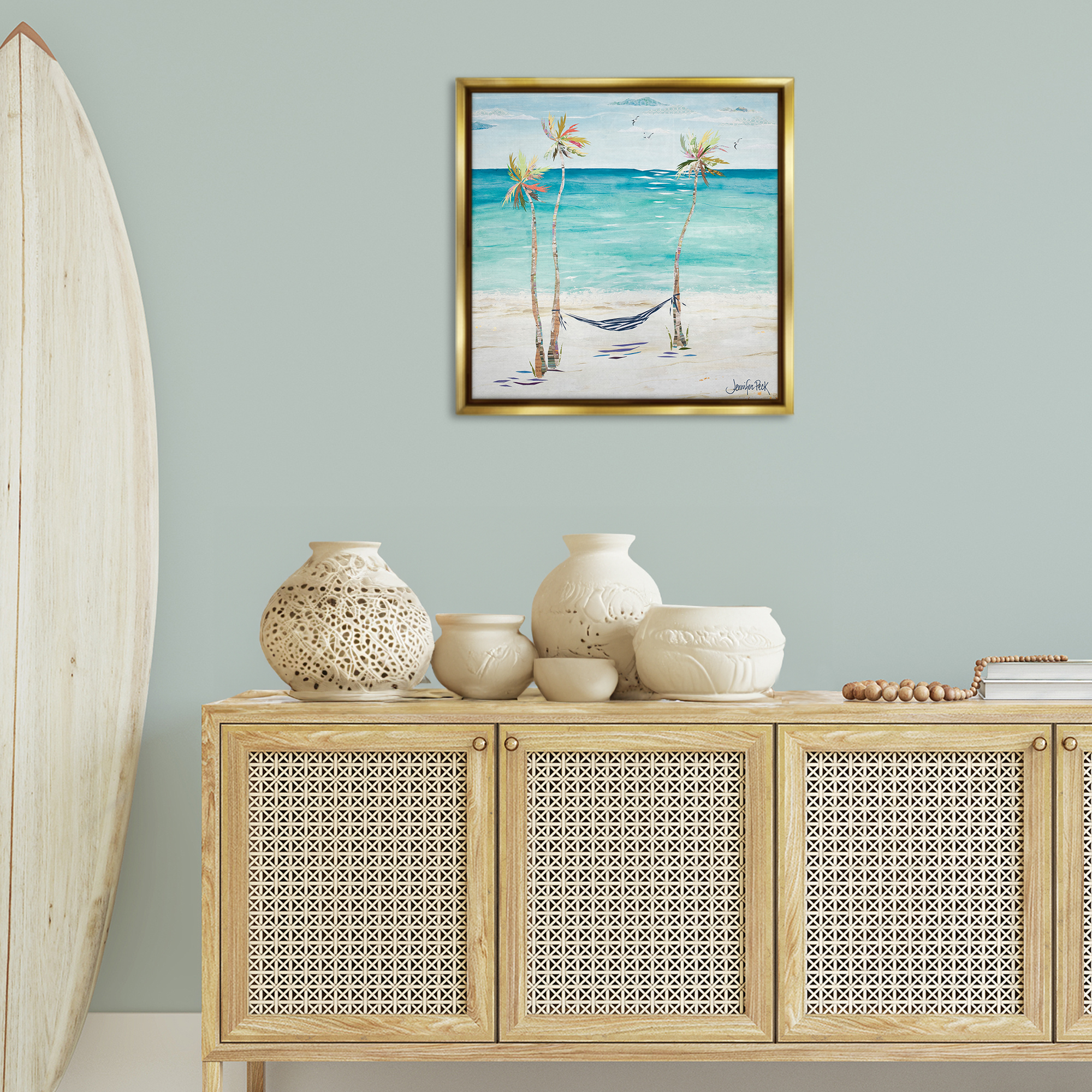 Stupell Industries Hammock & Three Palms Coastal Painting Gold Floater Framed Canvas Art Print Wall Art, 25 x 25
