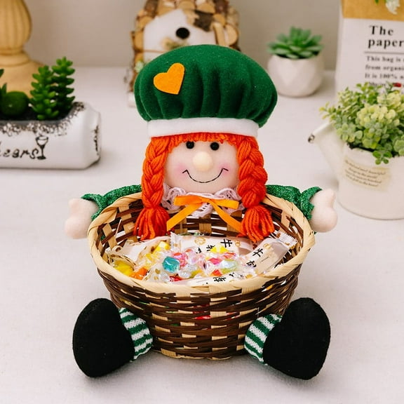 Holloyiver St. Patricks Day Candy Dish, Plush Gnome Four-leaf Gift Basket, Cute Snack Sugar Desktop Container Box Shamrock Candy Holder Table Centerpiece Supplies