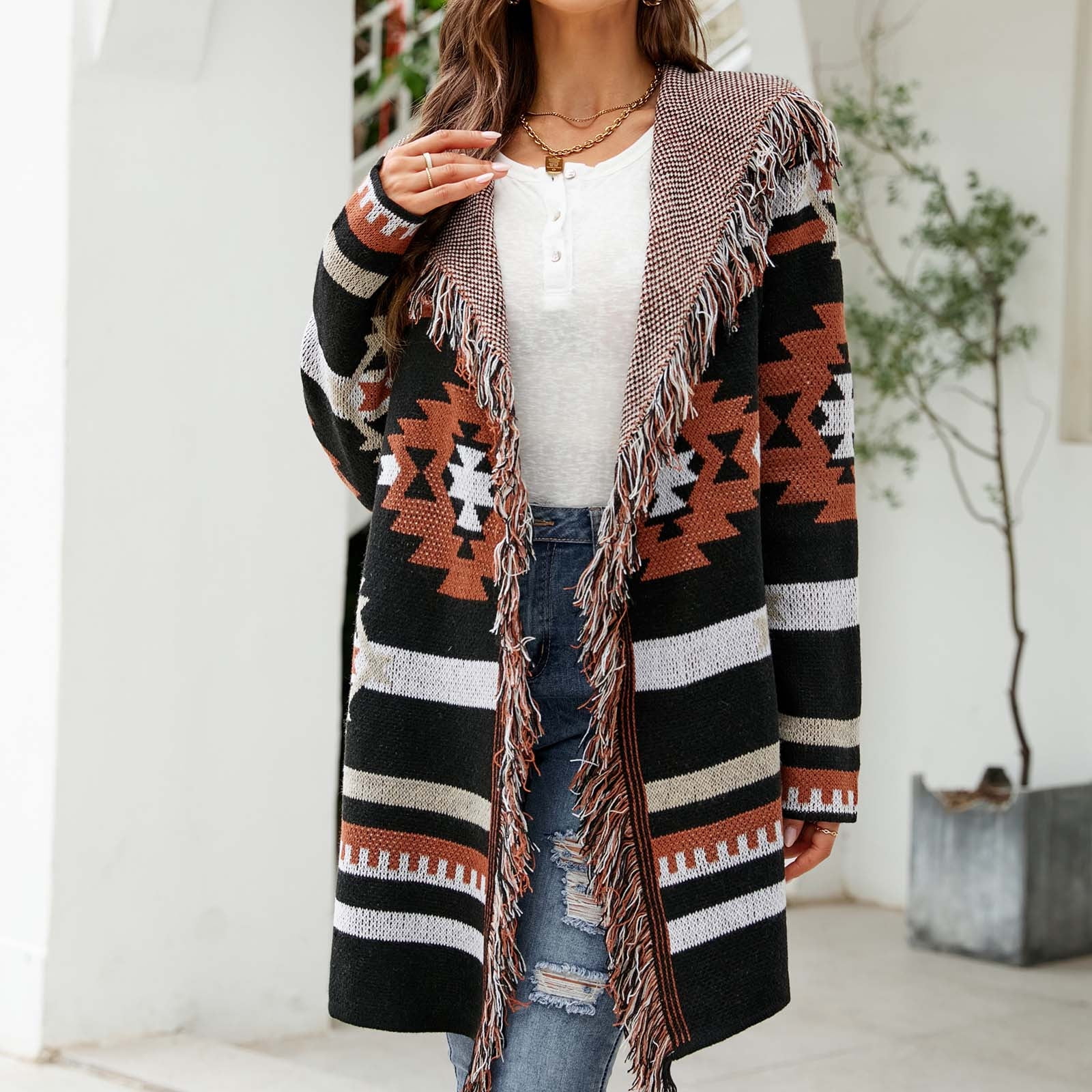 cllios Cardigan Sweaters for Women Knit Aztec Print Open Front Long  Cardigan Hoodies Plus Size Long Sleeve Hooded Fringe Jacket