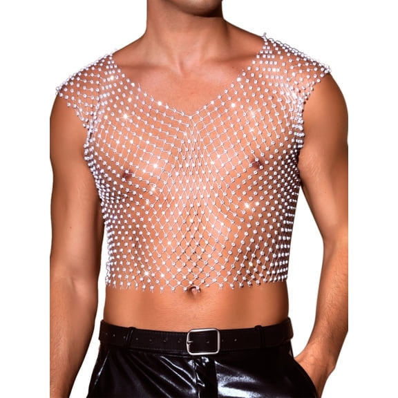 INSPIRE CHIC Men's V-Neck Sleeveless Party Shiny Mesh Rhinestone Tank Top M White