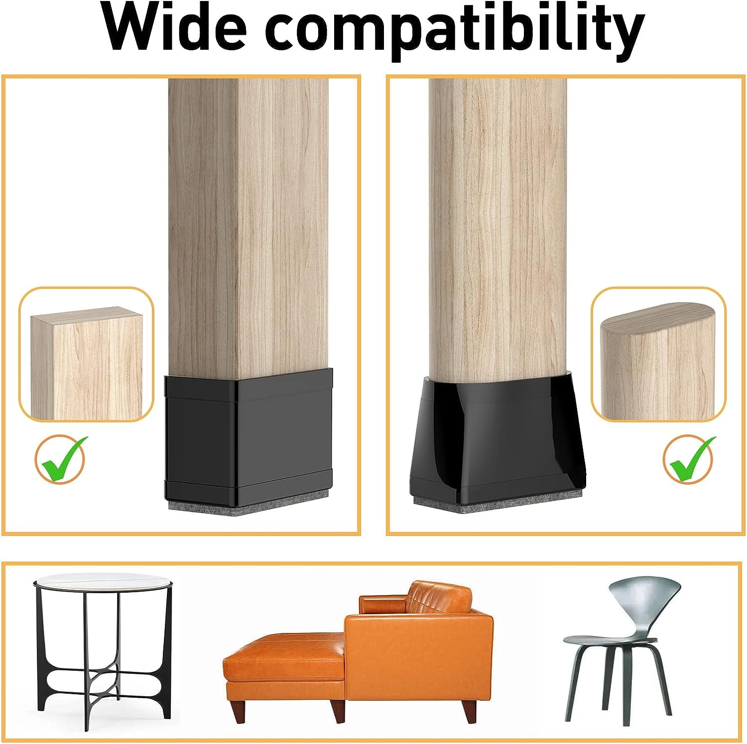 3/4" x 1 1/2" Rectangle Chair Leg Protectors for Hardwood Floors, Silicone Covers to Protect Wood Tile Floors Felt Pads Furniture Leg Caps Reduce Noise. Easy to Move. 16PCS Black.