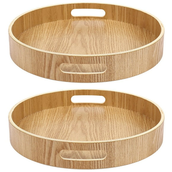 2X Bandeja Redonda de Madera de Bambú para Bandejas de Cena Barra de Té Desayuno Contenedor 2