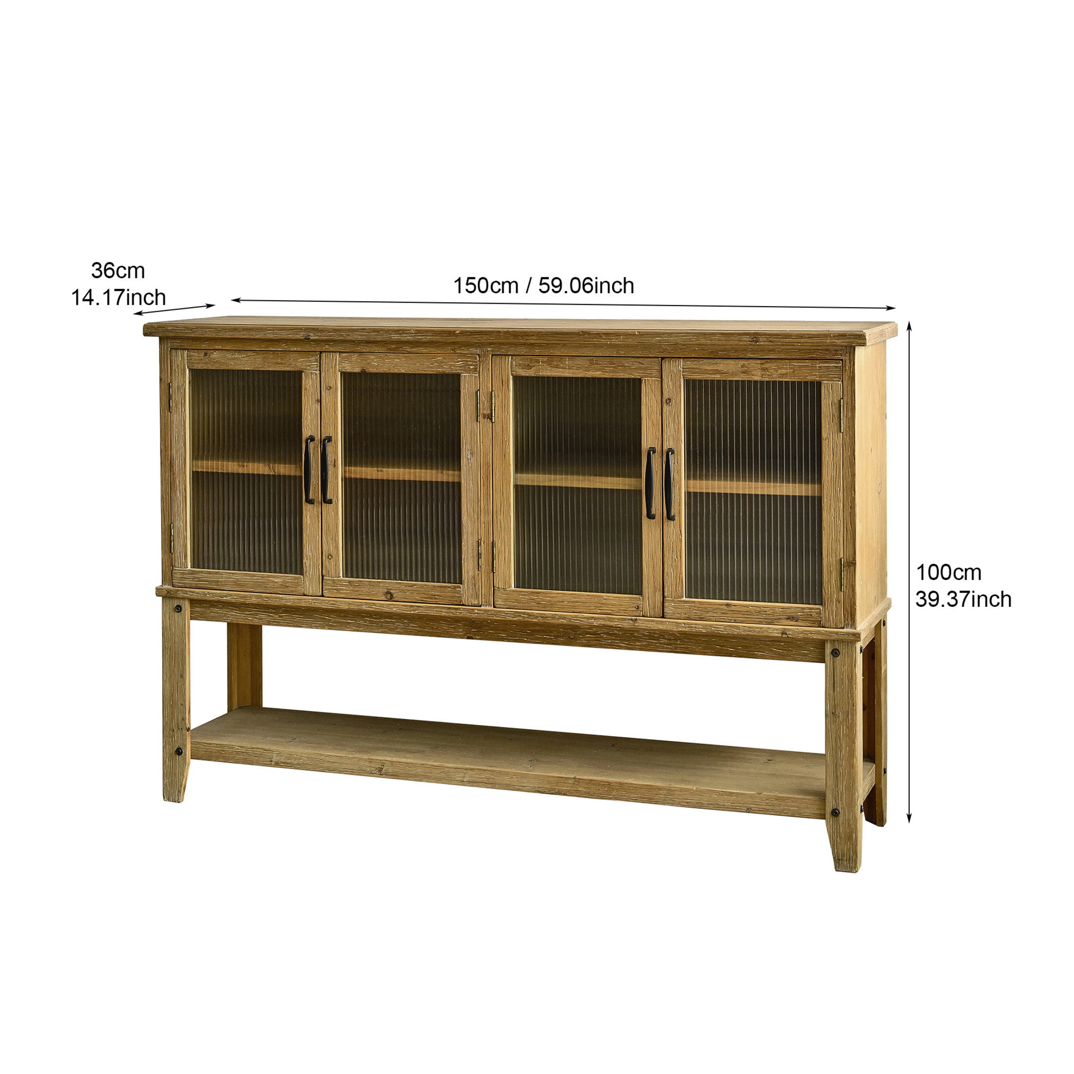 GDF Studio 59" Rustic Cabinet with Glass Doors and Shelf, Farmhouse Storage Console, Natural Wood