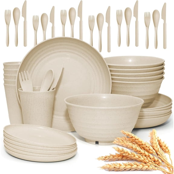 42-Piece Wheat Straw Dinnerware Set, Large Round Plates, Bowls and Cups, Unbreakable dish set, Dishwasher and Microwave Safe, Outdoor Dishes (Beige)