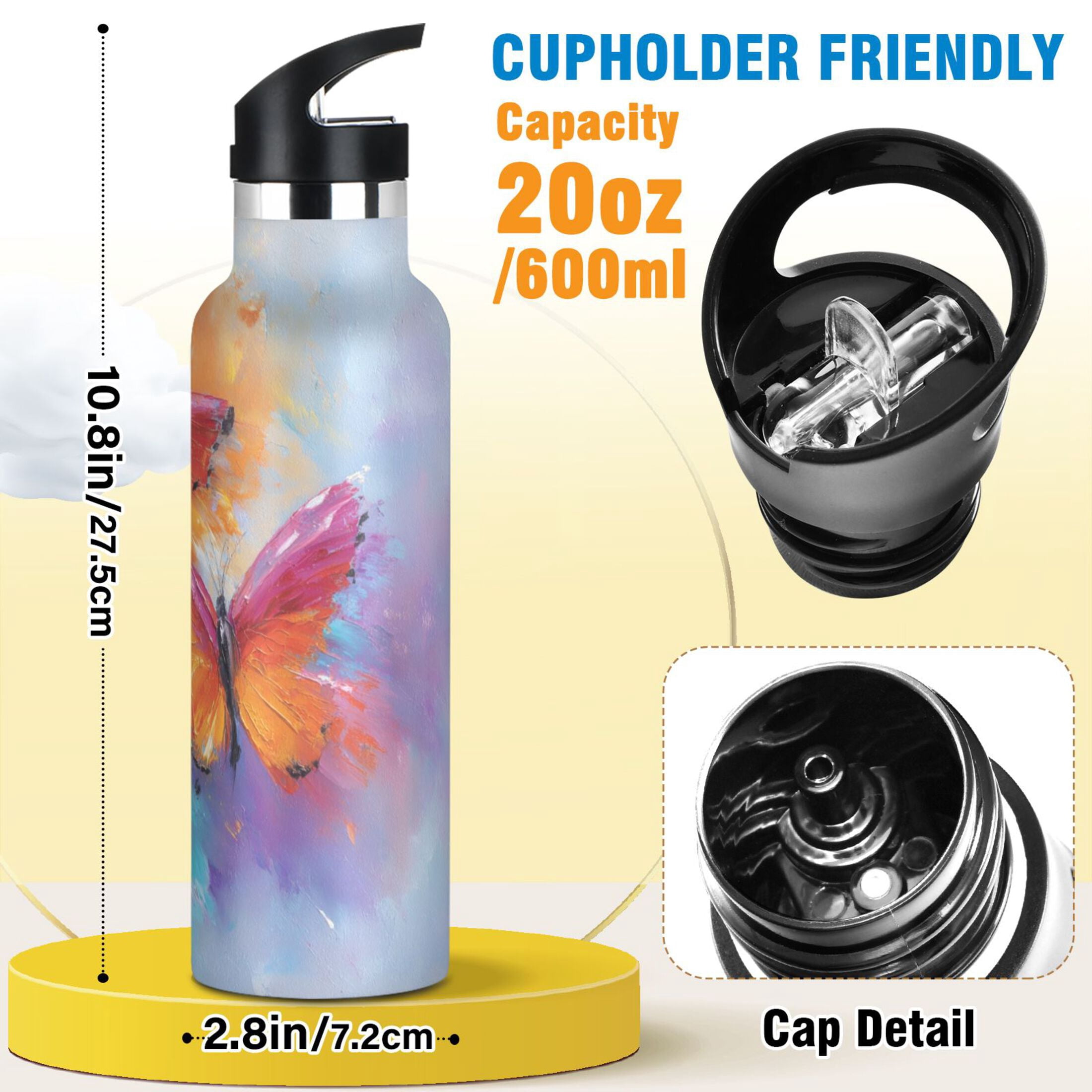 Kids Insulated Stainless Steel Sports Water Bottle 600ml (20oz) Red and Orange Butterflies