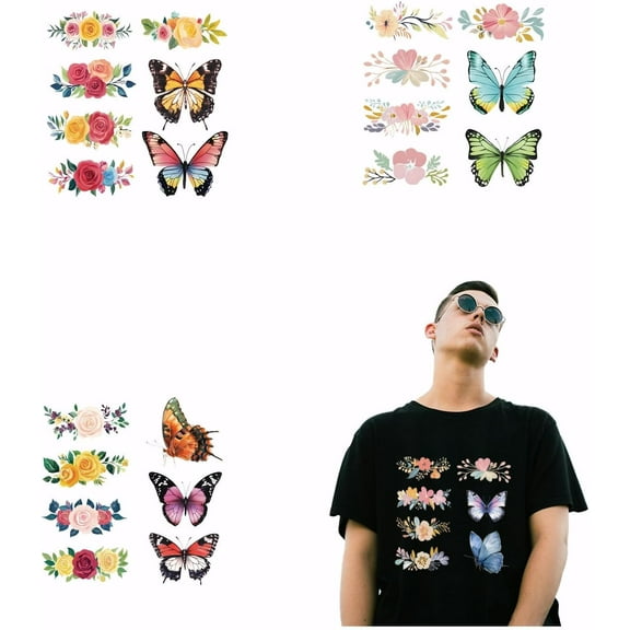 4 Styles Flower Butterfly Heat Transfer Rose Iron-On Transfers Plastic Film Logo Stickers Set Clothing Iron on Decals for Girl's T-Shirt Canvas Bags Jackets DIY Crafts 25x25CM