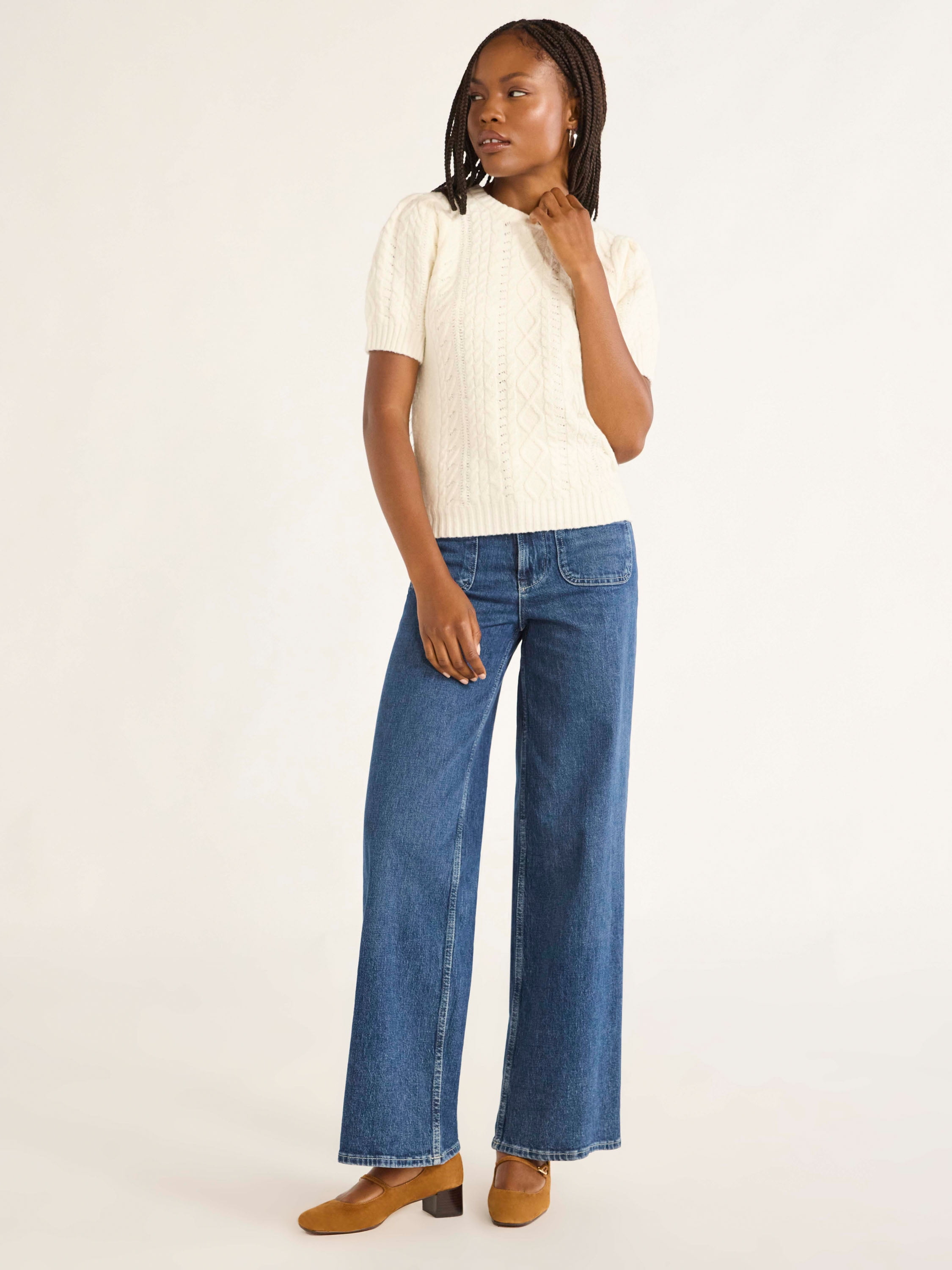Free Assembly Women's Cable Knit Sweater with Short Puff Sleeves, Sizes XS-XXL
