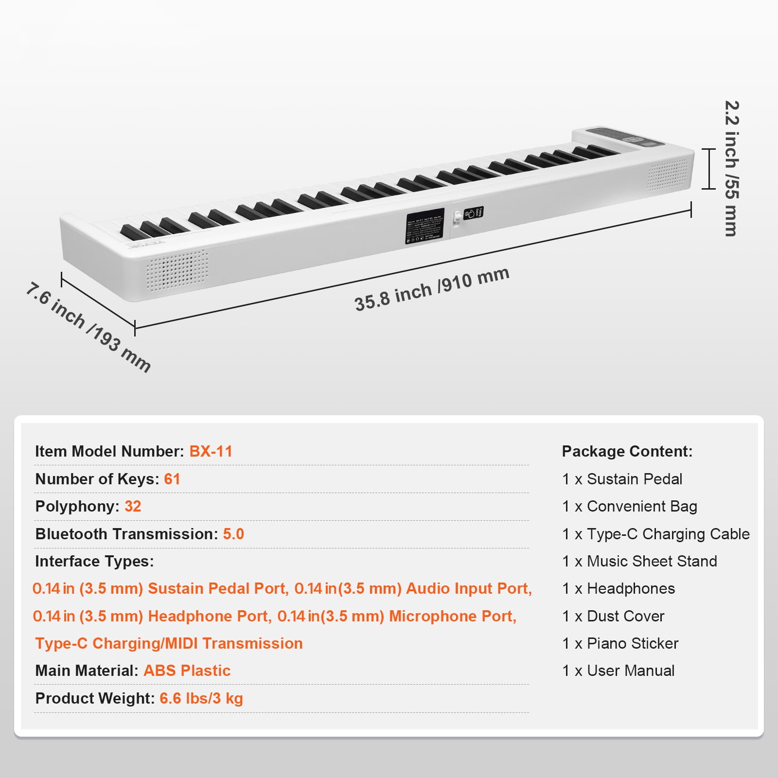 KFFKFF 61 Key Folding Piano Keyboard, Bluetooth & MIDI, Compact Electronic Digital Foldable Piano with Sustain Pedal, Touch Responsive Illuminated Keys Bag