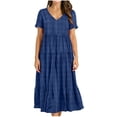 thumbnail image 2 of ClodeEU Women's Plaid V Neck Short Sleeve Midi Dress,Casual Loose Swing Dress Blue,Women's Plus M, 2 of 6