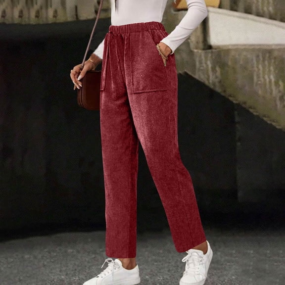 Women's Retro High Waisted Drawstring Elastic Baggy Straight Leg Corduroy Lounge Pants with Pockets Slacks, Wine S