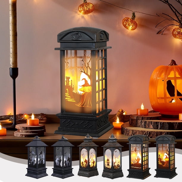 Mini Farol de Halloween | Farol portátil LED con vela | Lámpara decorativa de plástico negro alimentada por pilas | Acento central para fiestas | 13x5x5cm | 1-Pack