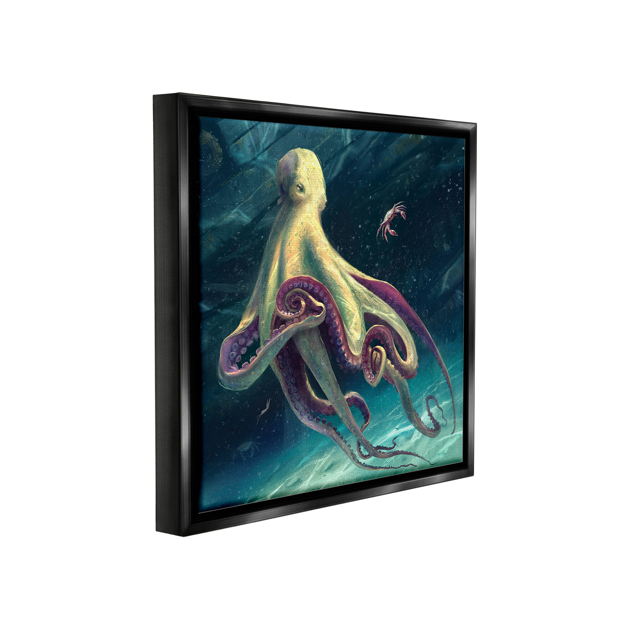 Stupell Industries Deep Water Octopus Animals & Insects Painting Black Floater Framed Canvas Art Print Wall Art, 18 x 18