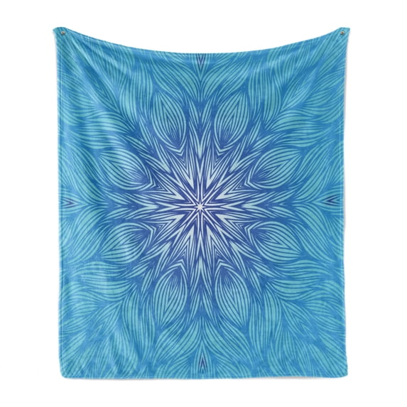 Blue Mandala Soft Flannel Fleece Throw Blanket, Psychedelic Pattern in Abstract Style with Curly Lines and Waves, Cozy Plush for Indoor and Outdoor Use, 50" x 60", Aqua Blue and White, by Ambesonne