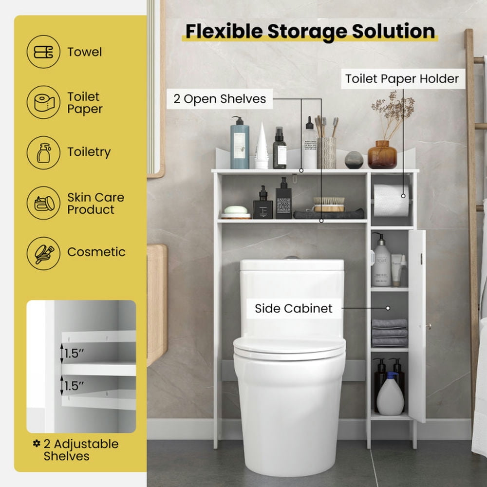Finihen Toilet Storage Cabinet, Bathroom Cabinet Organizer, Wood Over the Toilet Bathroom Space Saver with Paper Holder and Shelf, for Bathroom, White