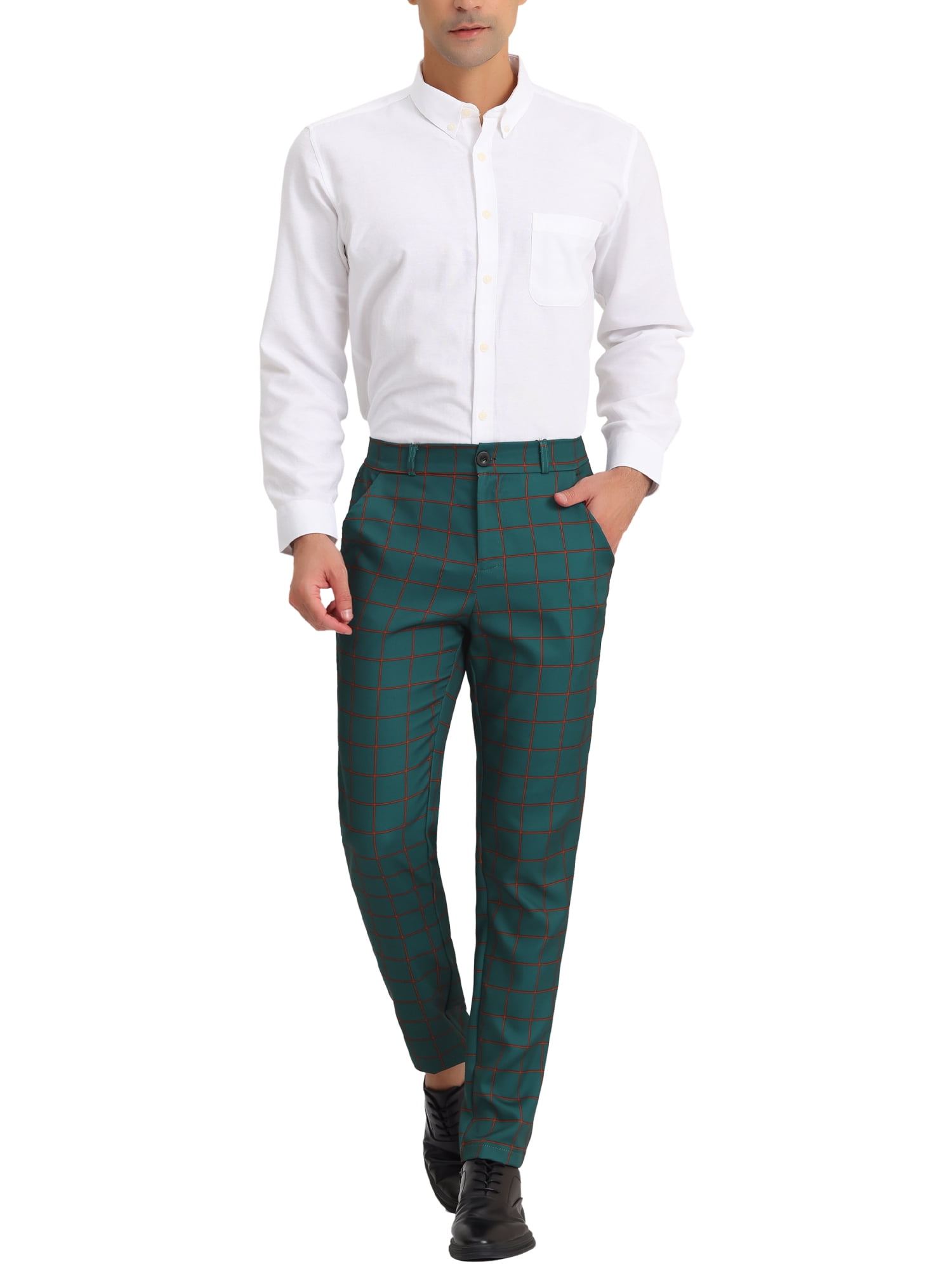 Unique Bargains Men's Plaid Printed Straight Leg Business Casual Checked Pants 34 Dark Green