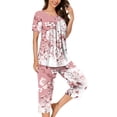 thumbnail image 5 of Pjs Sets for Women New Women's Short Sleeve Pajama Set 2 Piece Summer Sleep Set Floral Print Button Crew Neck Capris Pant Pjs Sets Pajama Sets for Women Pinky S, 5 of 5