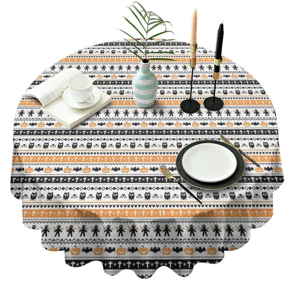 Orange and Black Christmas Pattern Round Tablecloth 60"x60",Wrinkle Wipeable Table Cloth for Kitchen Dining Room Picnic Patio Party