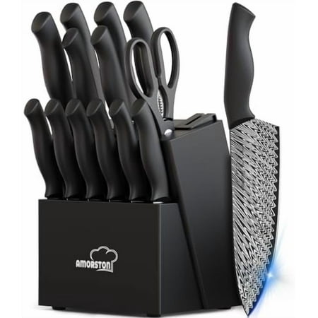 Knife Set 15 Pieces Kitchen Knife Set with Built in Knife Sharpener High Carbon German Stainless Steel Knife Block Set Dishwasher Safe Knives Set Black