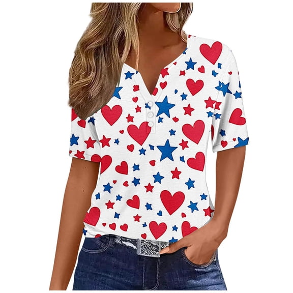 Cmfcve Patriotic Shirts for Women V-Neck Button 4th of July Blouse Short Sleeves Flag Printed Pullover T-Shirt