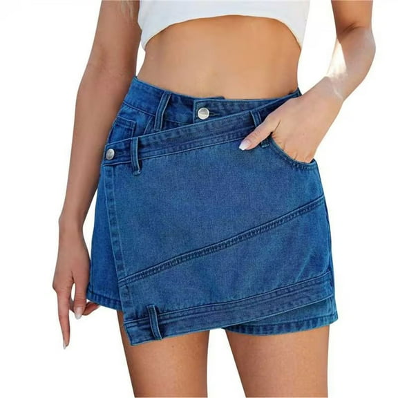 Bovxnpu Plus Size Skirts For Women, Women's Denim Skirts Casual Mini Skirt With Pocket, Women's Summer Fashion Solid Color Button Irregular Pocket Skirt M