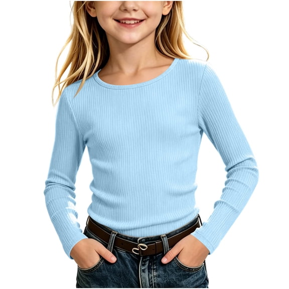 Khunlpohl 5-13 Years Girls Shirts Round Neck Solid Color Slim Undershirts Ribbed Long Sleeve Lounge Clothes for Kids